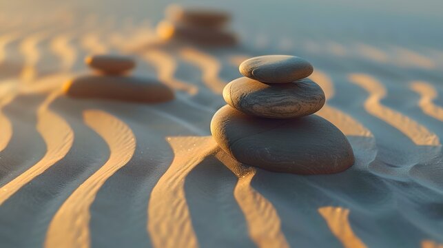 Serenity at sunset: pebble stacks on sandy beach. calm background, mindfulness concept. tranquil nature scene captured at dusk. AI