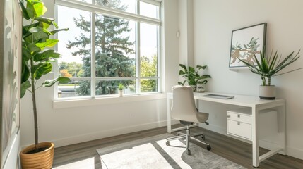 Modern Workspace: Corner Office with White Desk and Large Window