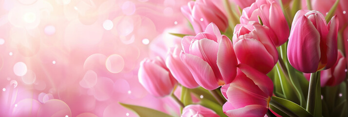 A postcard with flowers. Tulips on a pink background.