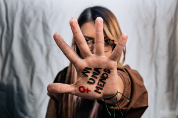 Women in fear of violence. Enough! 8th March, International Women Day. Vulnerable women yearning for freedom without abuse. Not one woman less, women demanding equality.