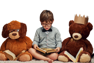 Little boy, smart or reading a book by teddy bears, kindergarten or fun in learning and education. Young child, glasses or classic novel or fairytale by toys or isolated on transparent png background