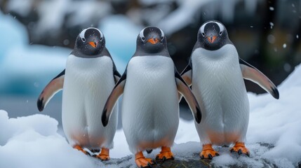 Fototapeta premium Penguins in Antarctica: Adorable penguins in their natural habitat, conveying the charm of these resilient birds.