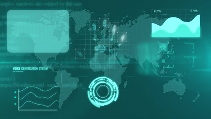 Global Connecting Network with fingerprint processing, code, and program data with HUD technology in the virtual screen animation 4k. - Powered by Adobe