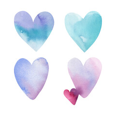Obraz premium Watercolor hearts of different colors in a set on a white background. The illustration is hand-drawn. The holiday is Valentine's Day. Postcard, template, clipart, stickers.