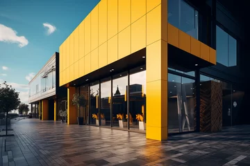 Deurstickers modern yellow store facade sign mockup wall texture © Fazlul