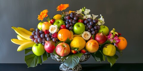 A colorful display of fresh fruits arranged beautifully in a vase. Concept Fruit Rainbows, Fresh Produce Art, Vibrant Food Display, Farm-to-Table Masterpiece, Edible Color Explosion