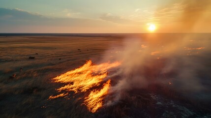 Breathtaking sunset over vast plains with wild brush fire burning, capturing nature's contrasting beauty. dramatic landscape scene in warm tones. AI
