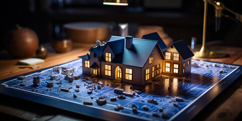Fototapeta na wymiar Miniature house wallpaper Stock Photographic Image A lit up house on a table with a lit up lamp in the background Ai Generative