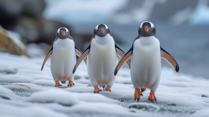 Fototapeta premium Penguins in Antarctica: Adorable penguins in their natural habitat, conveying the charm of these resilient birds.
