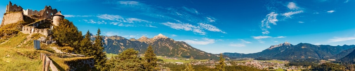 High resolution stitched alpine summer panorama at Ehrenberg castle ruins near Reutte, Tyrol,...