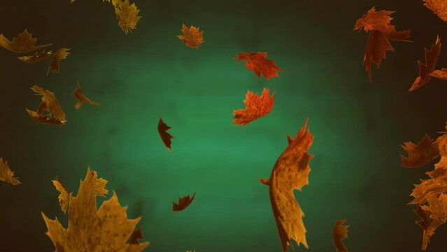 Animation of autumn leaves blowing over dark green background