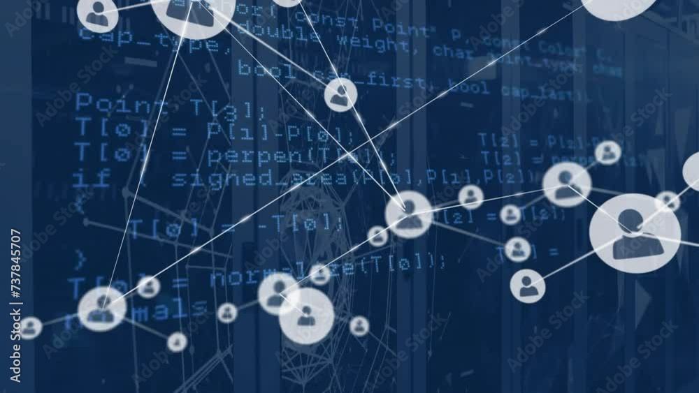 Poster animation of network of connections with icons and data processing over computer servers