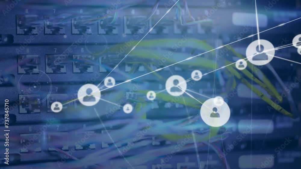 Poster animation of network of connections with icons and data processing over computer server