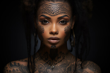 Close-up of a black woman's face featuring intricate traditional and contemporary styled facial tattoos.