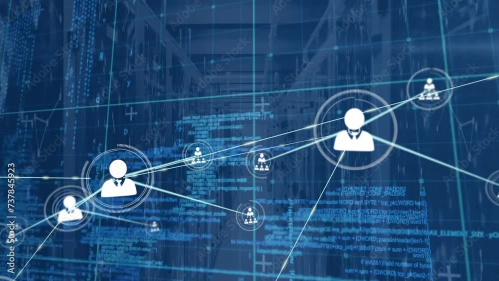 Poster animation of network of connections with icons and data processing over grid on blue background