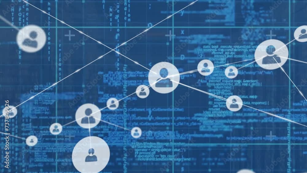 Poster animation of network of connections with icons and data processing over grid on blue background