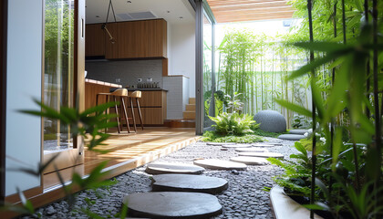 A kitchen inspired by Zen principles, featuring calming bamboo plants, stone pathways, and an...