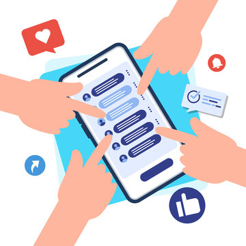 Hand holding mobile phone with Social media app. like, follower, comment. Vector illustration