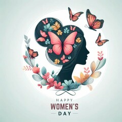 8 march women's day greeting card design with young woman silhouette and flower. Ai generated 