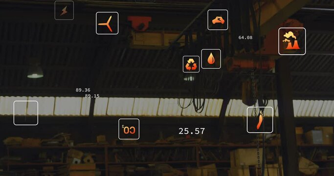 Animation of eco icons data processing over warehouse