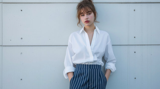 A crisp white buttonup shirt tucked into highwaisted pinstripe trousers in varying shades of blue exudes a sense of professional yet contemporary style. This outfit is ideal