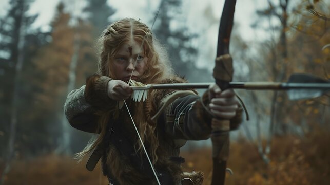 Viking woman hunting in the woods with arrow and bow.