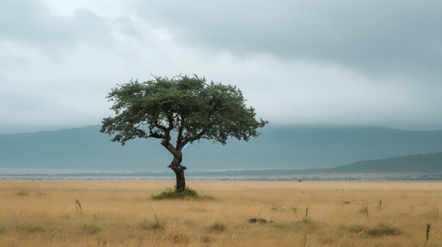 Serene landscapes: solitary tree in vast field, nature's tranquility captured, perfect for calm backgrounds. AI