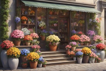 Fototapeta na wymiar The exterior of the charming flower shop is decorated with an array of colorful potted flowers