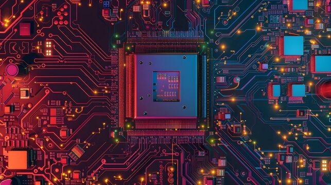 top view of Microcircuit close-up. Theme of new computer technologies and microchips with cpu in the middle. Futre Technology concept.