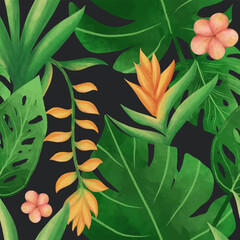 Fototapeta na wymiar Watercolor flower and tropical leaves seamless pattern