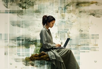 a woman sitting on a rock using a laptop