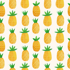 watercolor pineapple and tropical leaves seamless pattern