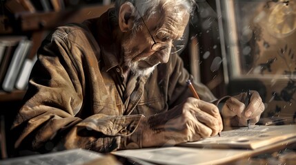 Senior man writing his memoirs, illustrating the process of reflecting on and sharing life experiences. Concept of storytelling and legacy in later life.  - obrazy, fototapety, plakaty