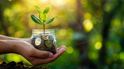hand holding money savings jar filled with coins and growing plant for sustainable financial planning for retirement or eco subsidy investment for environment protection , Generative AI	
 - obrazy, fototapety, plakaty