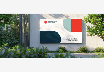 Outside Street Poster Mockup: White Billboard on Building Wall with Trees, Bushes, Walkway, Bench, Garden Area, Small Tree, and Sidewalk - obrazy, fototapety, plakaty