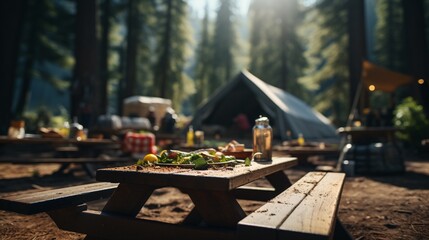 a picnic table in the woods - obrazy, fototapety, plakaty