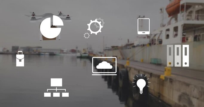 Animation of eco icons and data processing over drone with box and sea port