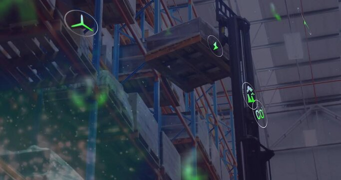 Animation of eco icons data processing over warehouse