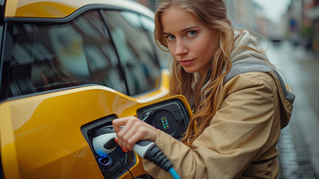 woman connecting the charger of her electric car , Generative AI	
