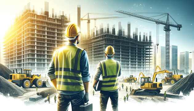 construction workers at work, Real Estate Project Construction Site with Architectural Engineer, Investor and Worker Finish Industrial Building Development 