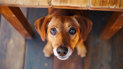 Portrait of sweet hungry dog looking up asking for food with cute eyes - obrazy, fototapety, plakaty