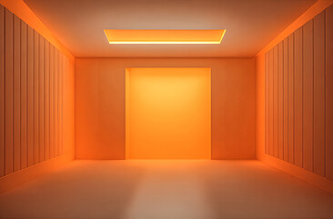 Empty geometrical Room in orange Colors with beautiful Lighting. Futuristic Background for Product display . Empty geometrical  Futuristic Background for Product display