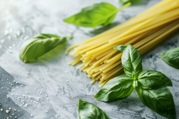 Raw spaghetti pasta alongside fresh basil leaves, sprinkled with salt on a textured grey background, ready for cooking.