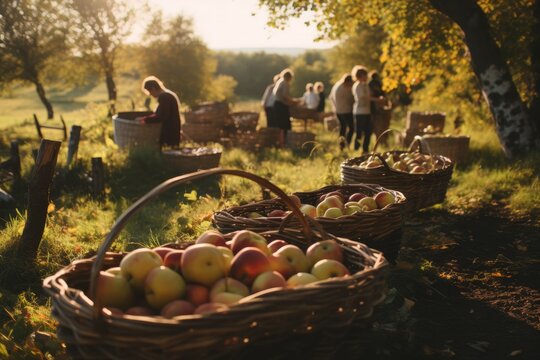 Diligent farm workers expertly handpicking ripe fruits in a scenic and bountiful orchard