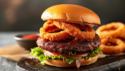 Angus beef hamburger with onion rings - wide format