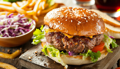 A succulent hamburger paired with crispy sweet potato fries - served on a white plate for a gourmet twist - wide format