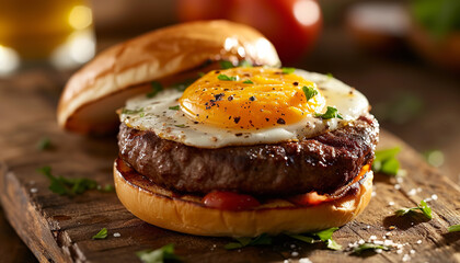 Breakfast hamburger with an egg - wide format - obrazy, fototapety, plakaty