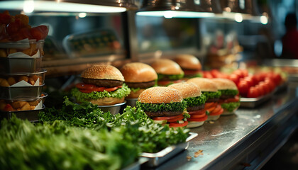 Build-your-own hamburger station at a buffet - wide format