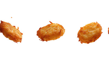 Hash browns fried flying in the air isolated on background, fast food or junk food with high calories. - obrazy, fototapety, plakaty