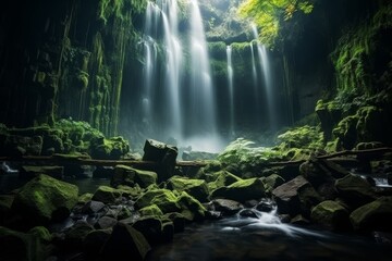 Breathtaking long exposure shot of enormous and majestic waterfall in the heart of the jungle